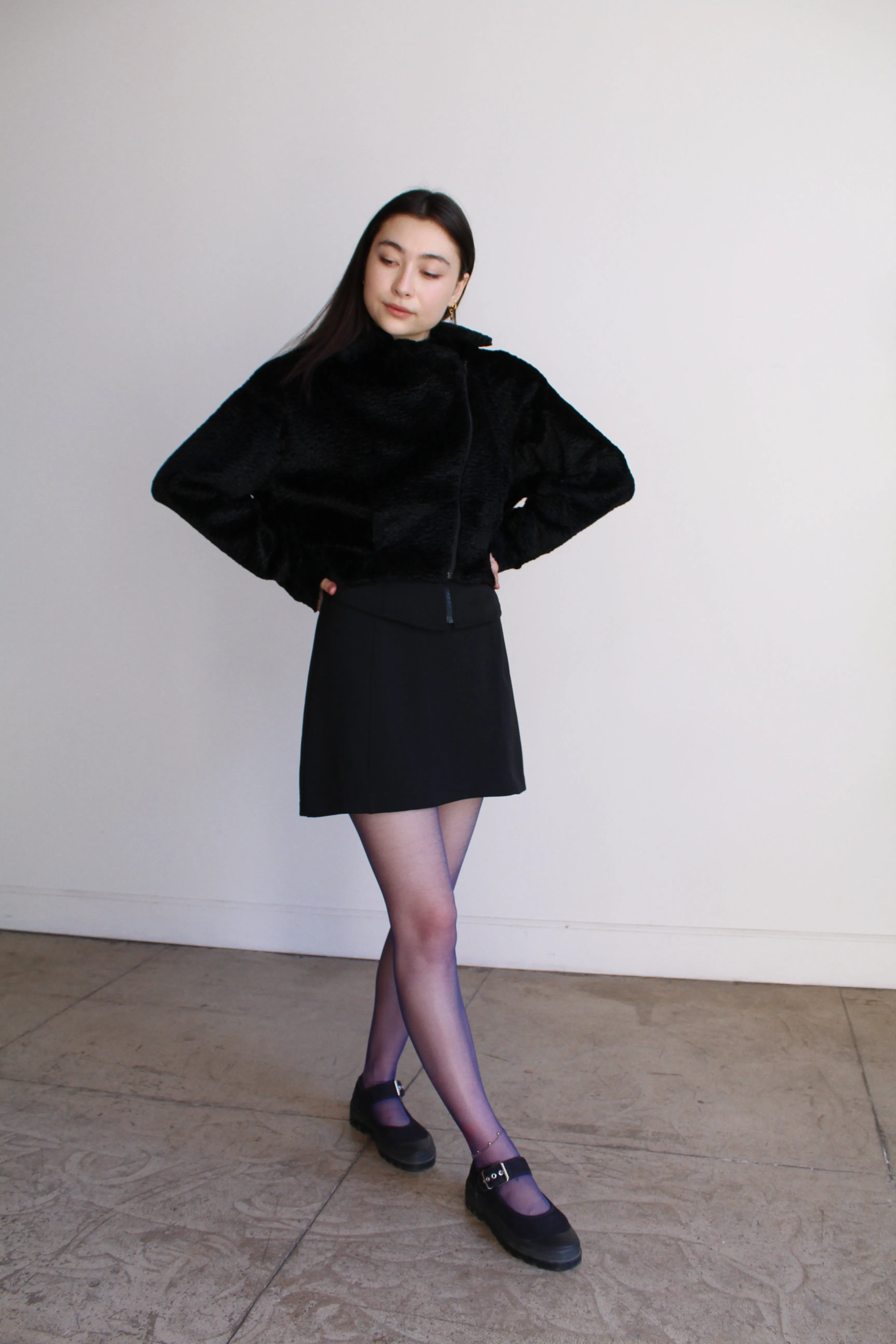 1980s Faux Fur Black Moto Cropped Jacket