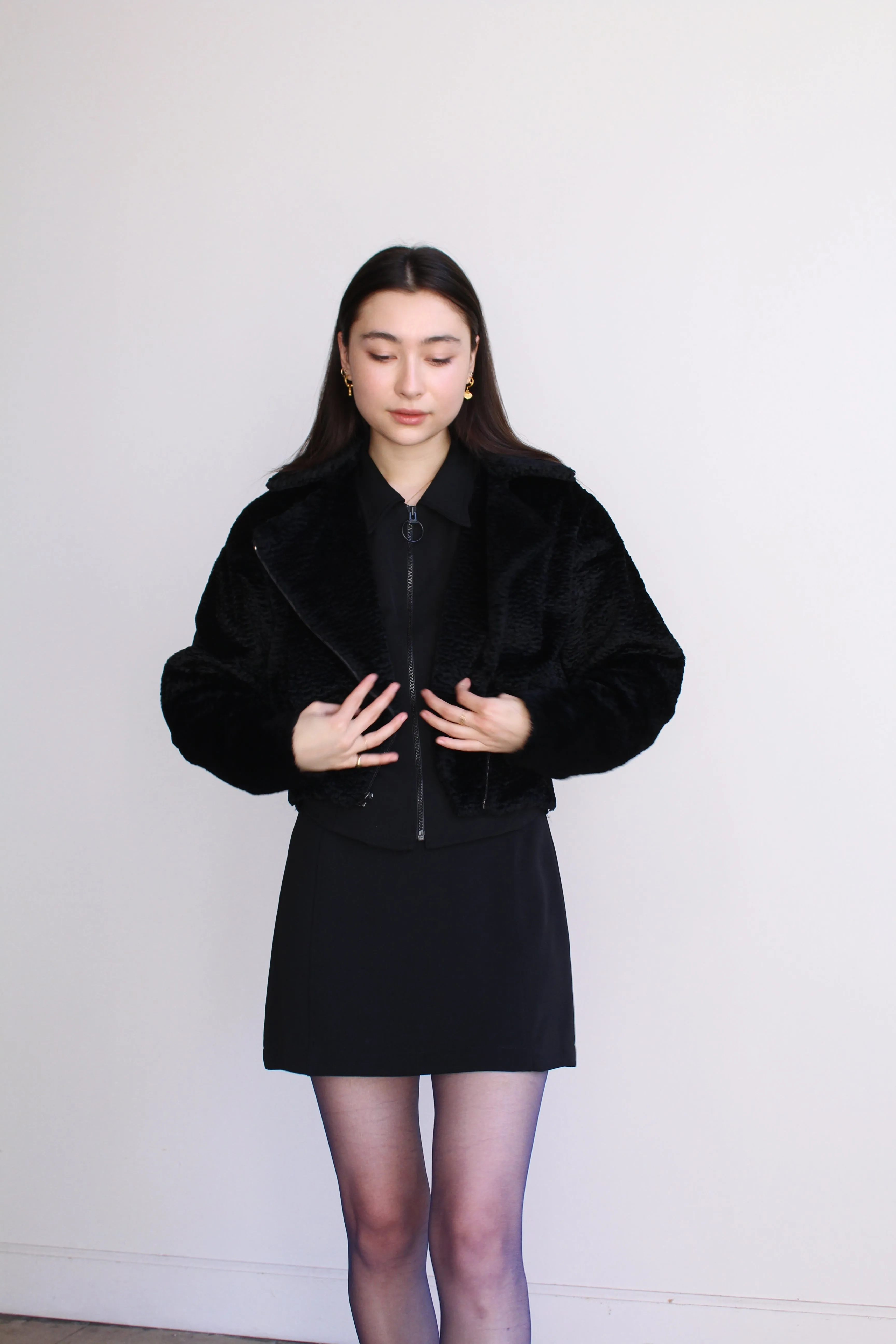 1980s Faux Fur Black Moto Cropped Jacket