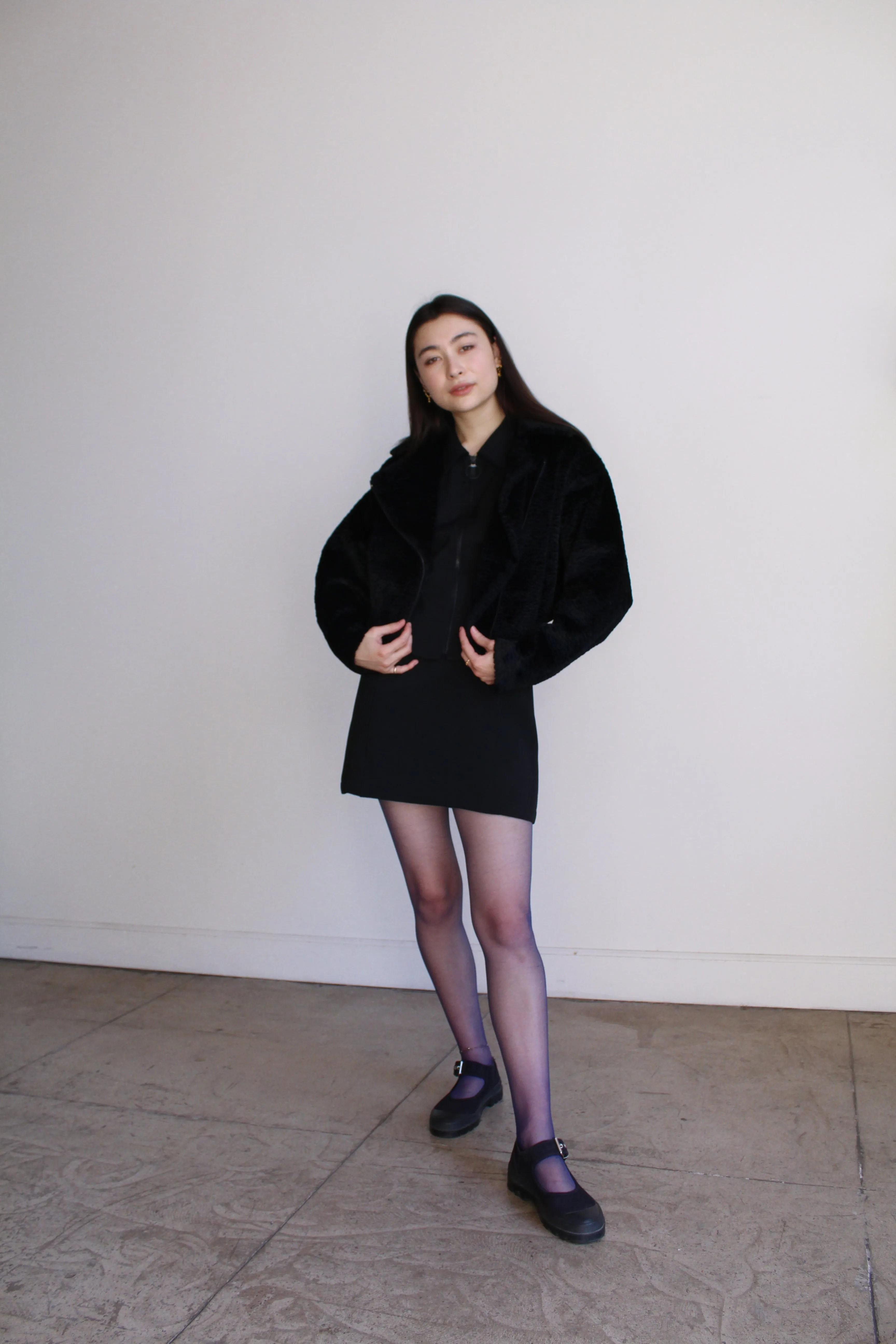 1980s Faux Fur Black Moto Cropped Jacket