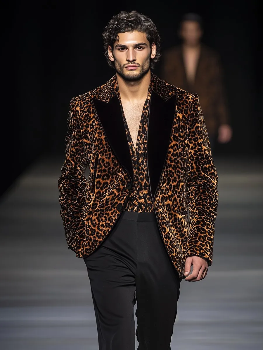 【24-hour shipping】Stylish Leopard Contrast Lapel Single Breasted Velvet Blazer
