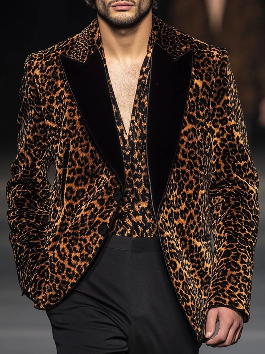【24-hour shipping】Stylish Leopard Contrast Lapel Single Breasted Velvet Blazer