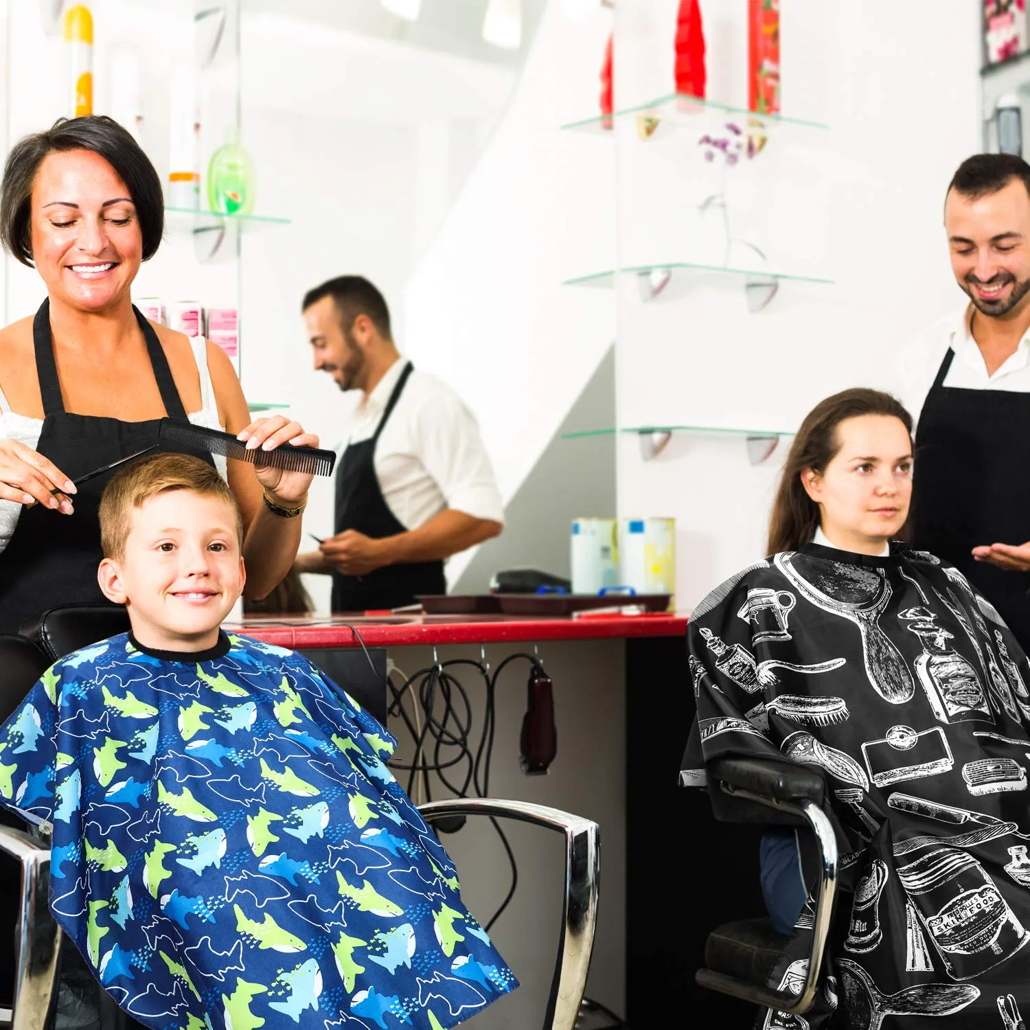 5 Pieces Salon Barber Cape Sets Hair Cutting Salon Styling Cape Hairdresser Haircut Apron Gown Neck Duster Brush and Hair Cutting Rat Tail Comb for Men Women Kid Children Hairdressing