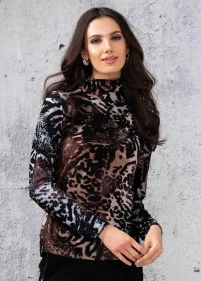 Alison Sheri Brown Multi Animal Print Long Sleeve Turtleneck Top