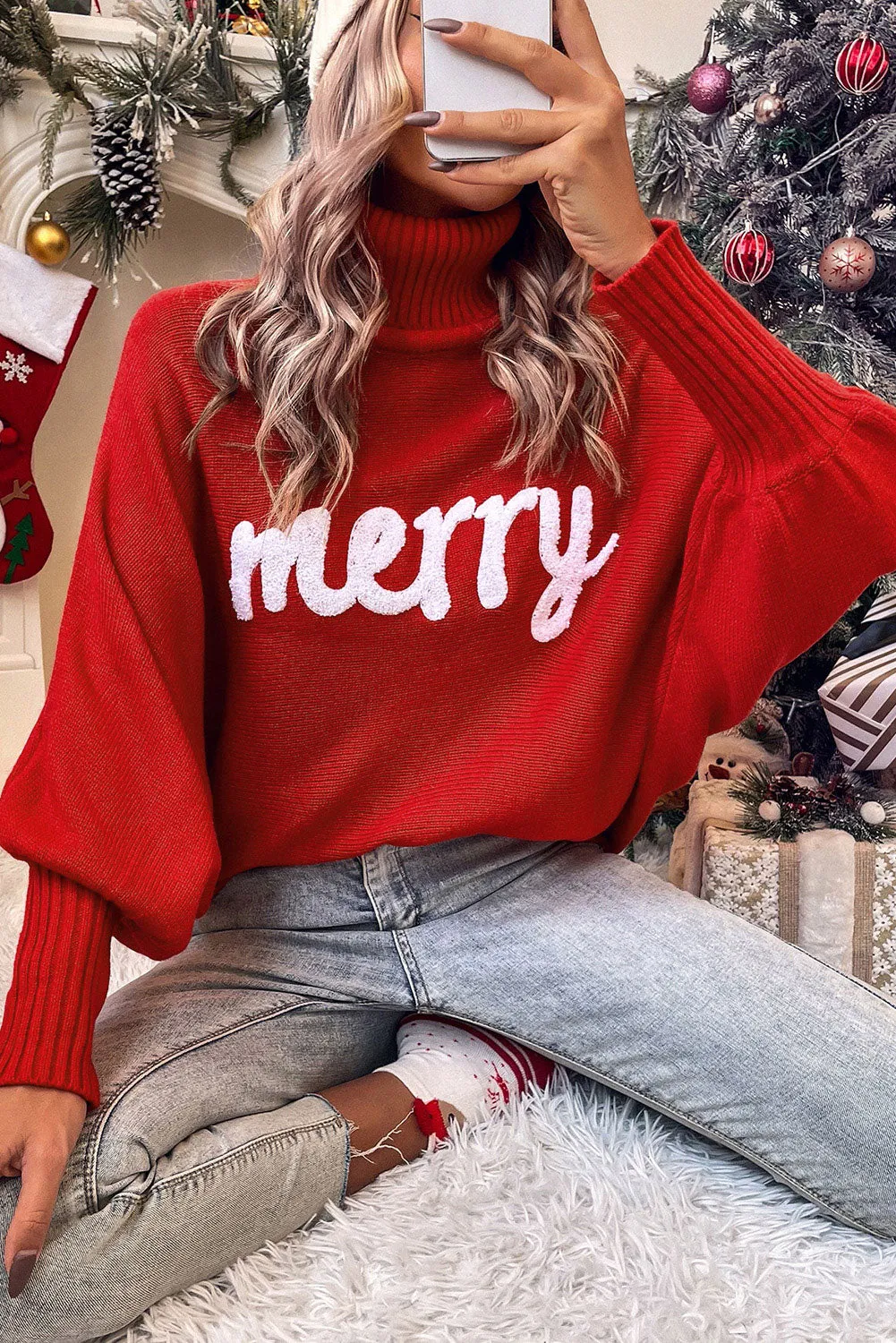 Balloon Sleeve Turtleneck Christmas Sweater