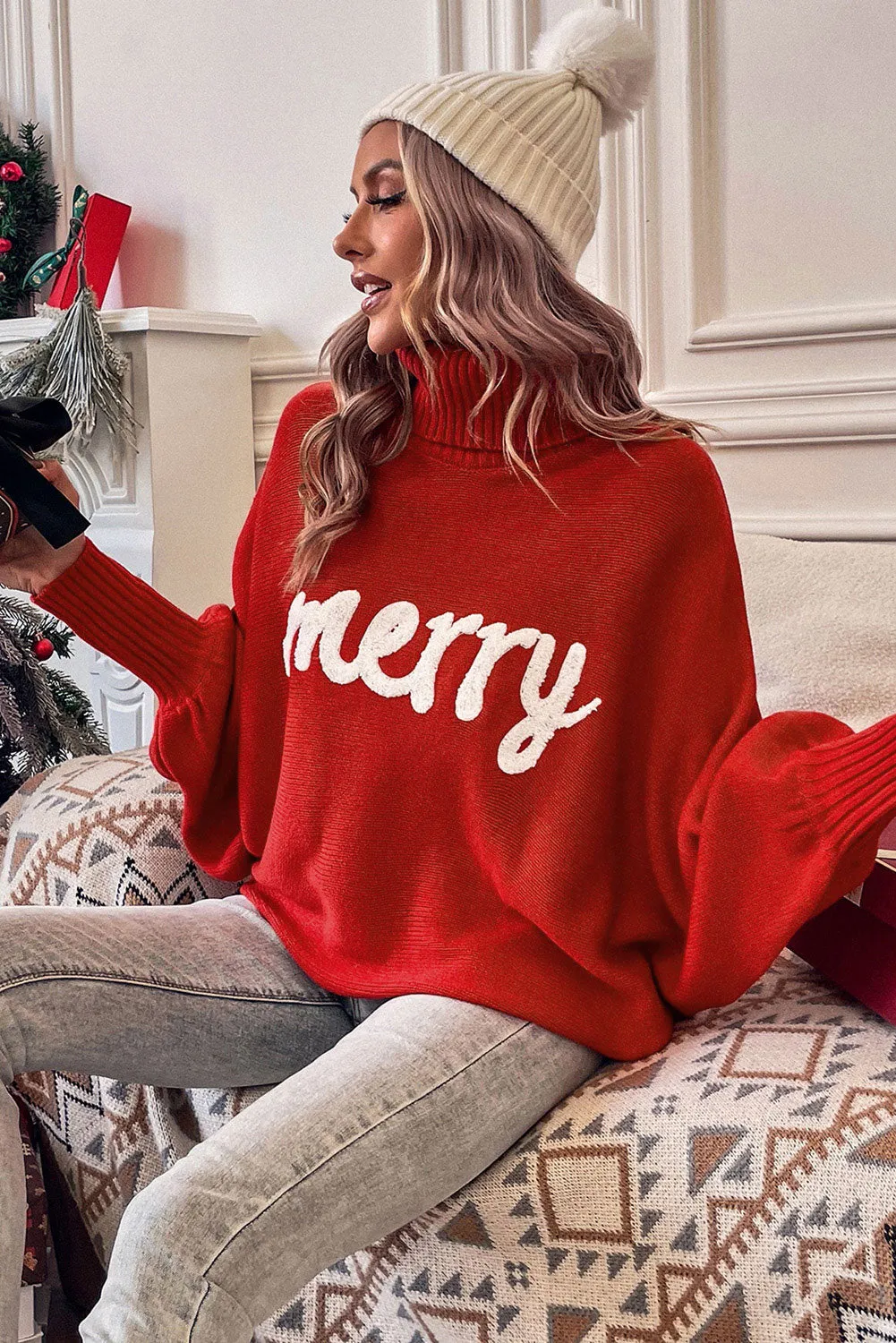 Balloon Sleeve Turtleneck Christmas Sweater