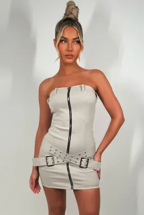Bandeau Dress With Cross Belt Zip Front Beige