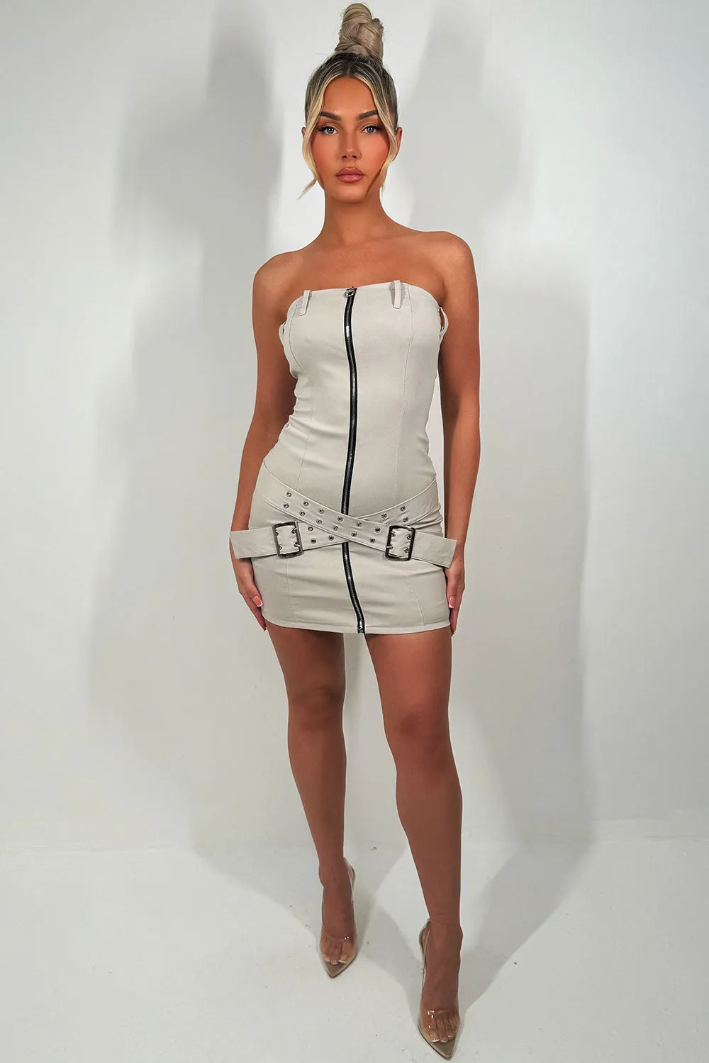 Bandeau Dress With Cross Belt Zip Front Beige