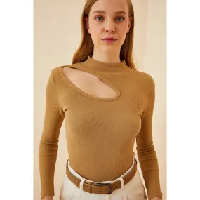 Beige Cut Out Detailed Ribbed Knitted Blouse
