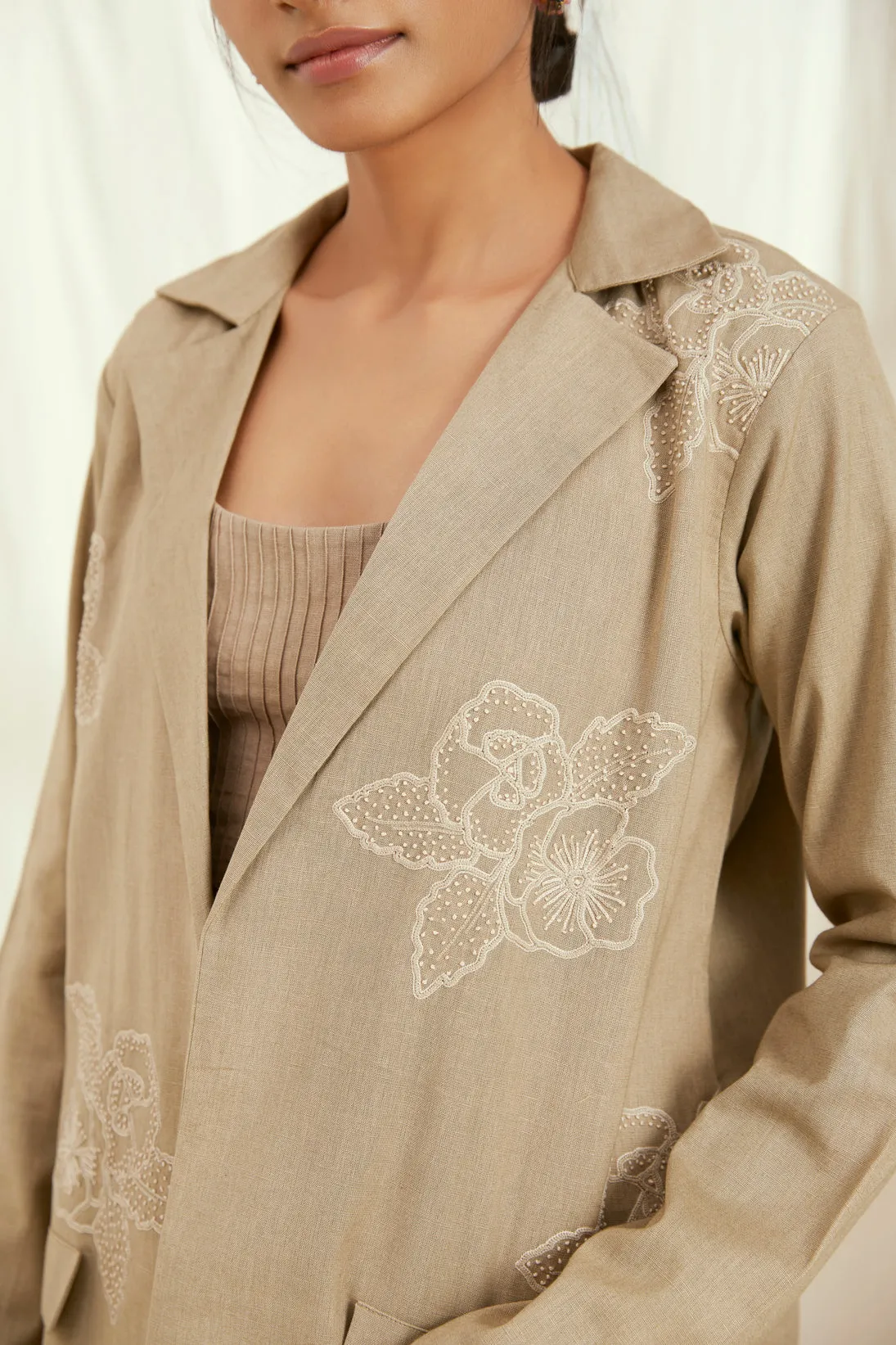 Beige linen blazer jacket with hand embroidery