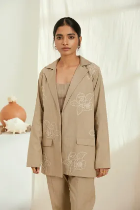Beige linen blazer jacket with hand embroidery