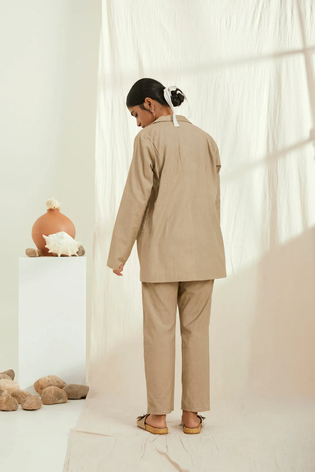Beige linen blazer jacket with hand embroidery
