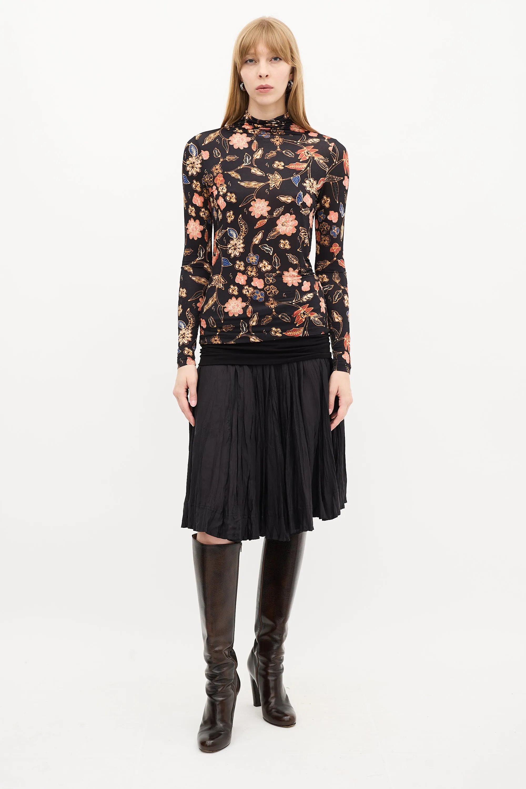 Black & Multi Floral Mock Neck Top
