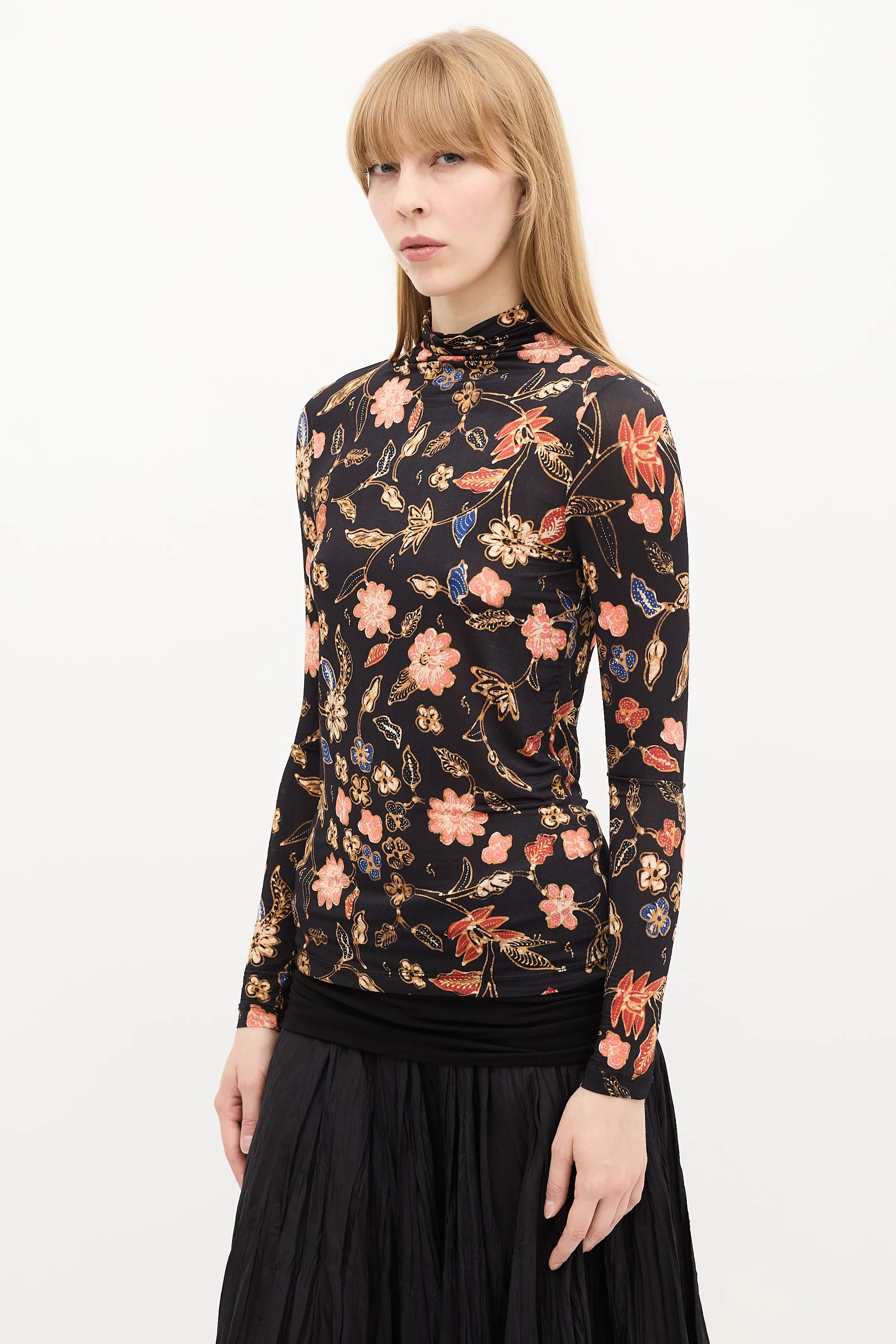 Black & Multi Floral Mock Neck Top