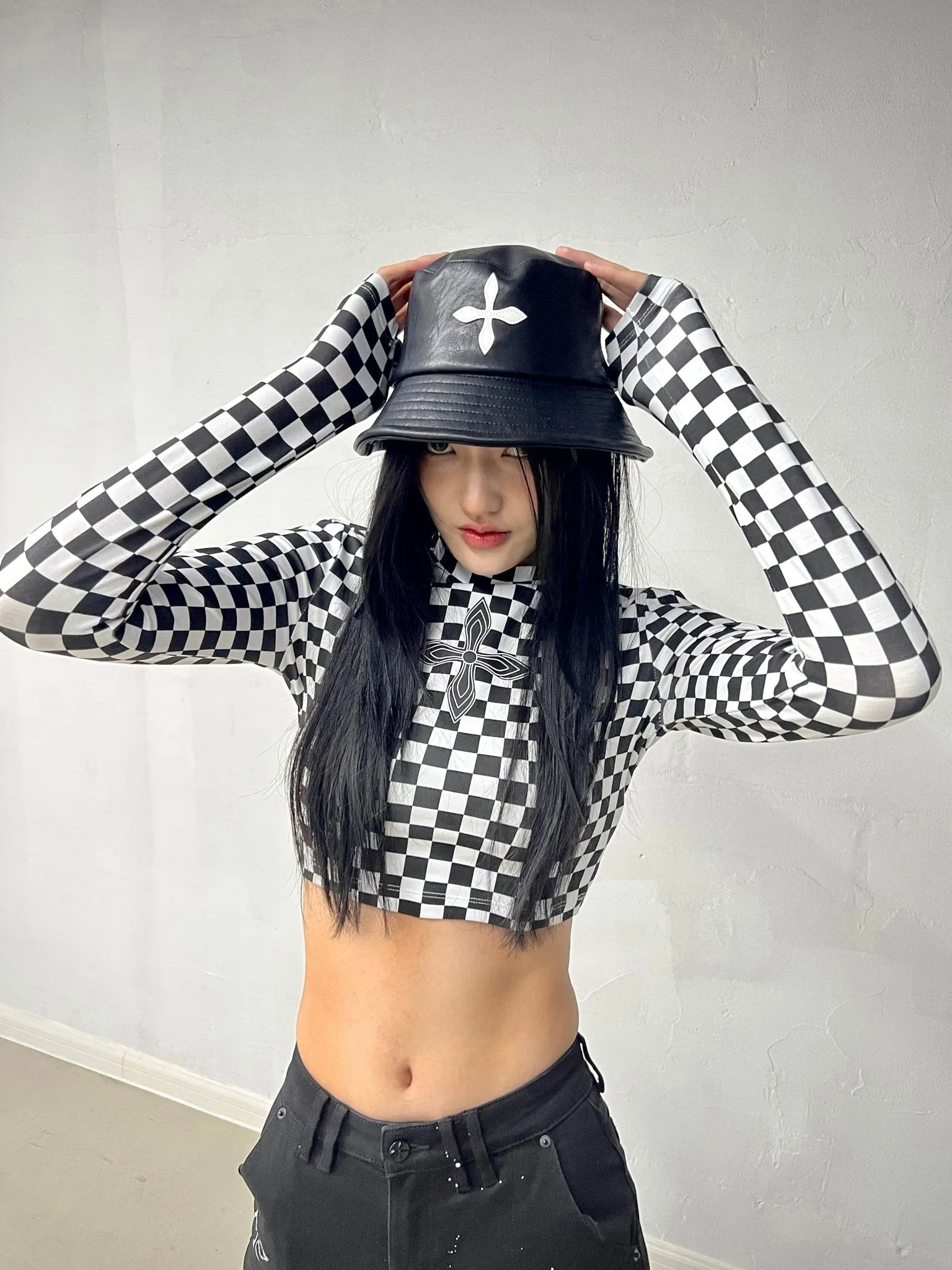 Black And White Grid Turtleneck Top