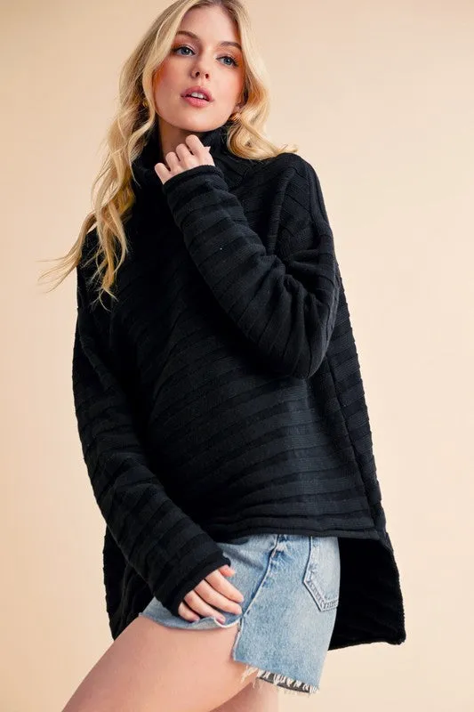 Black Asymmetrical Side Slit Turtleneck Sweater