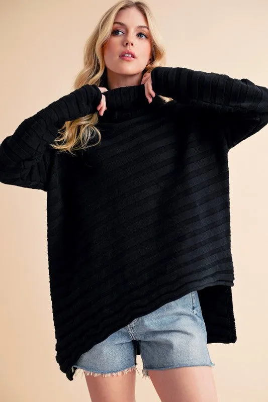 Black Asymmetrical Side Slit Turtleneck Sweater