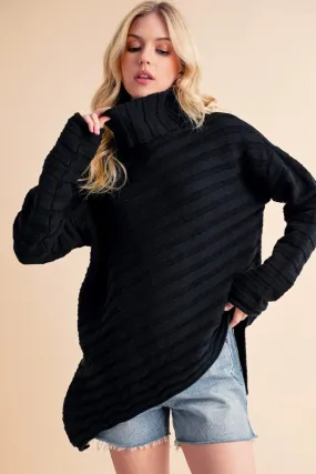 Black Asymmetrical Side Slit Turtleneck Sweater