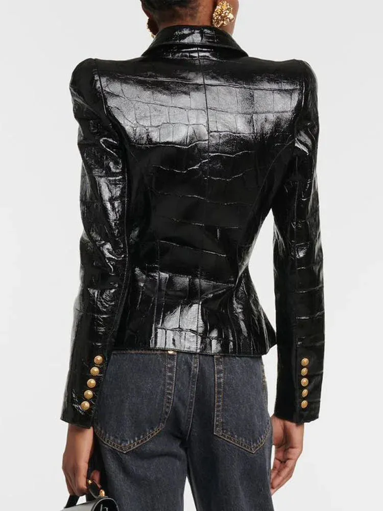 Black Embossed Croc Leather Gold Button Blazer