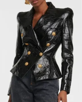 Black Embossed Croc Leather Gold Button Blazer