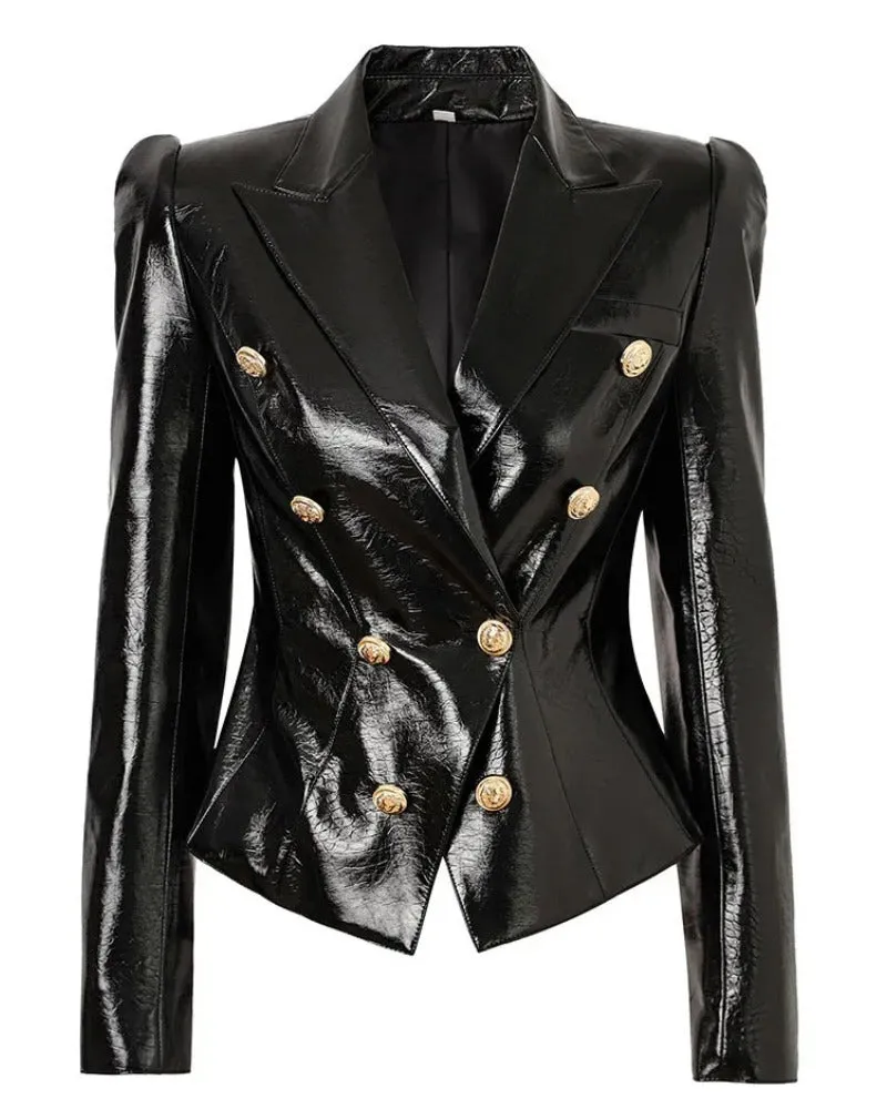 Black Embossed Croc Leather Gold Button Blazer