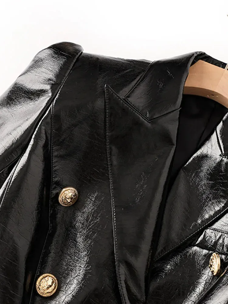 Black Embossed Croc Leather Gold Button Blazer