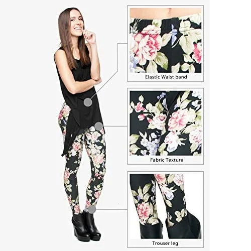 Black Floral Seamless Workout Leggings - Women’s 3D Rose Printed Yoga Leggings, Tummy Control Running Pants (Floral, One Size)