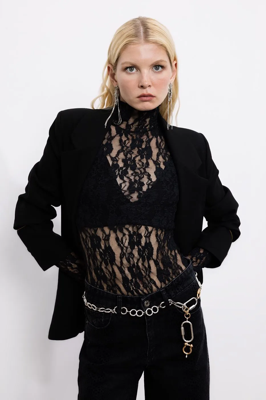 Black High Neck Lace Body Suit