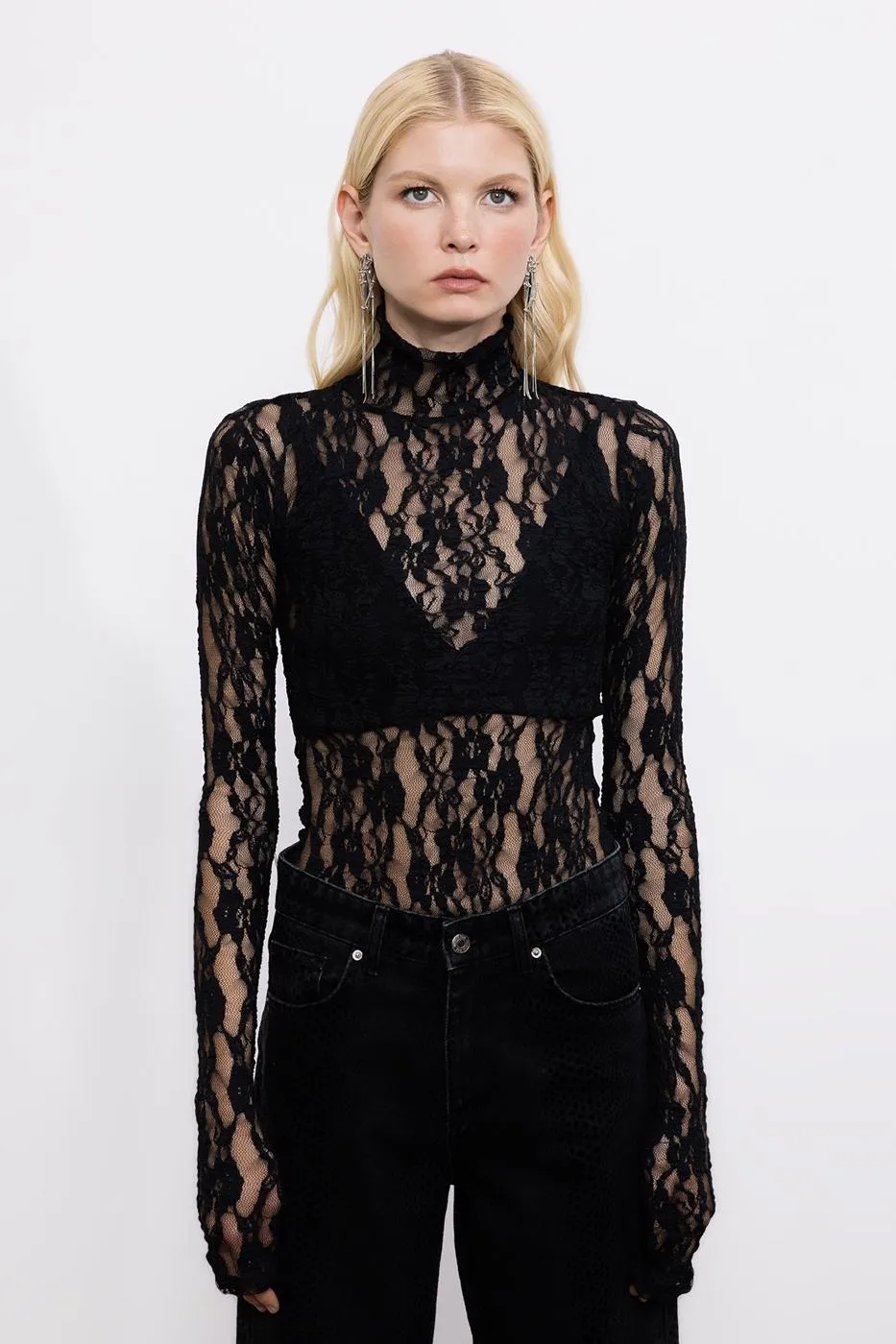 Black High Neck Lace Body Suit