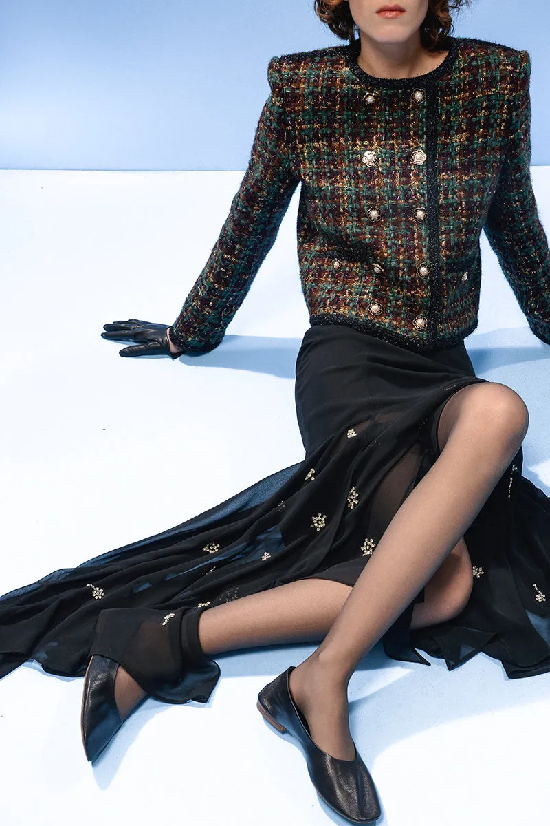 BLACK SHEER SILK LAYERED MAXI SKIRT