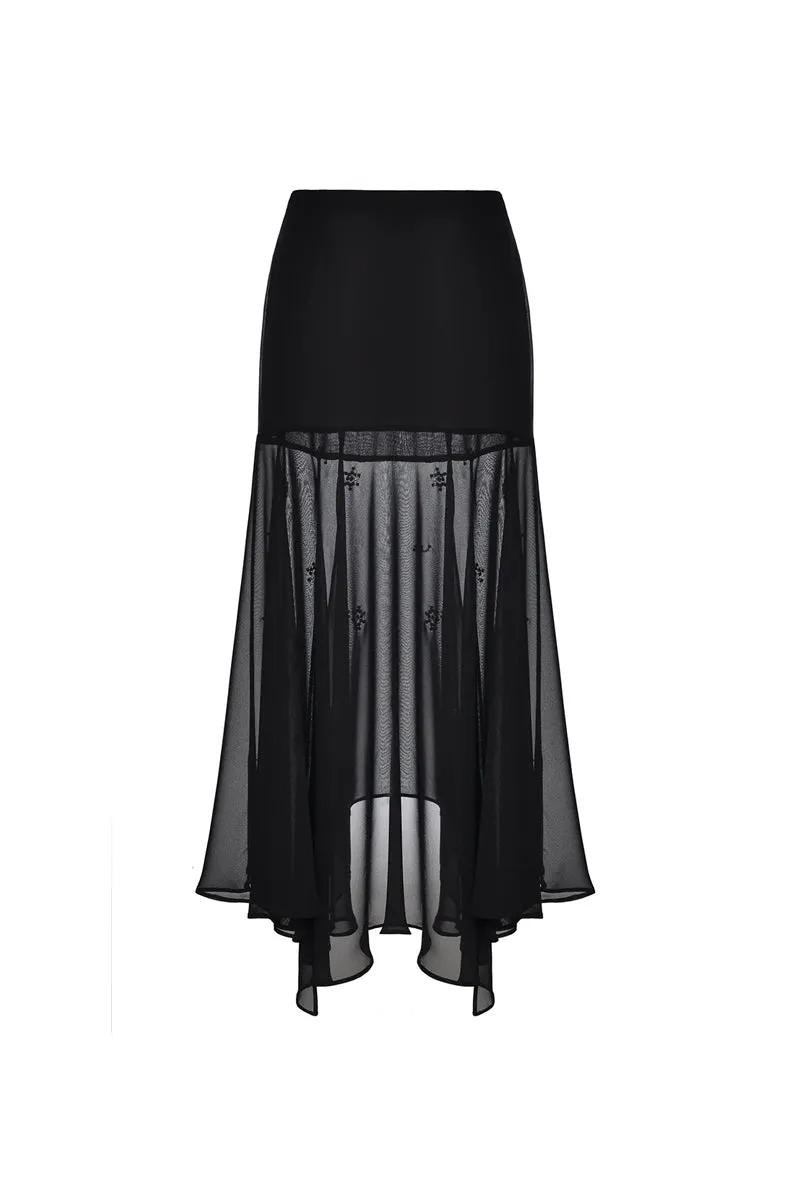 BLACK SHEER SILK LAYERED MAXI SKIRT