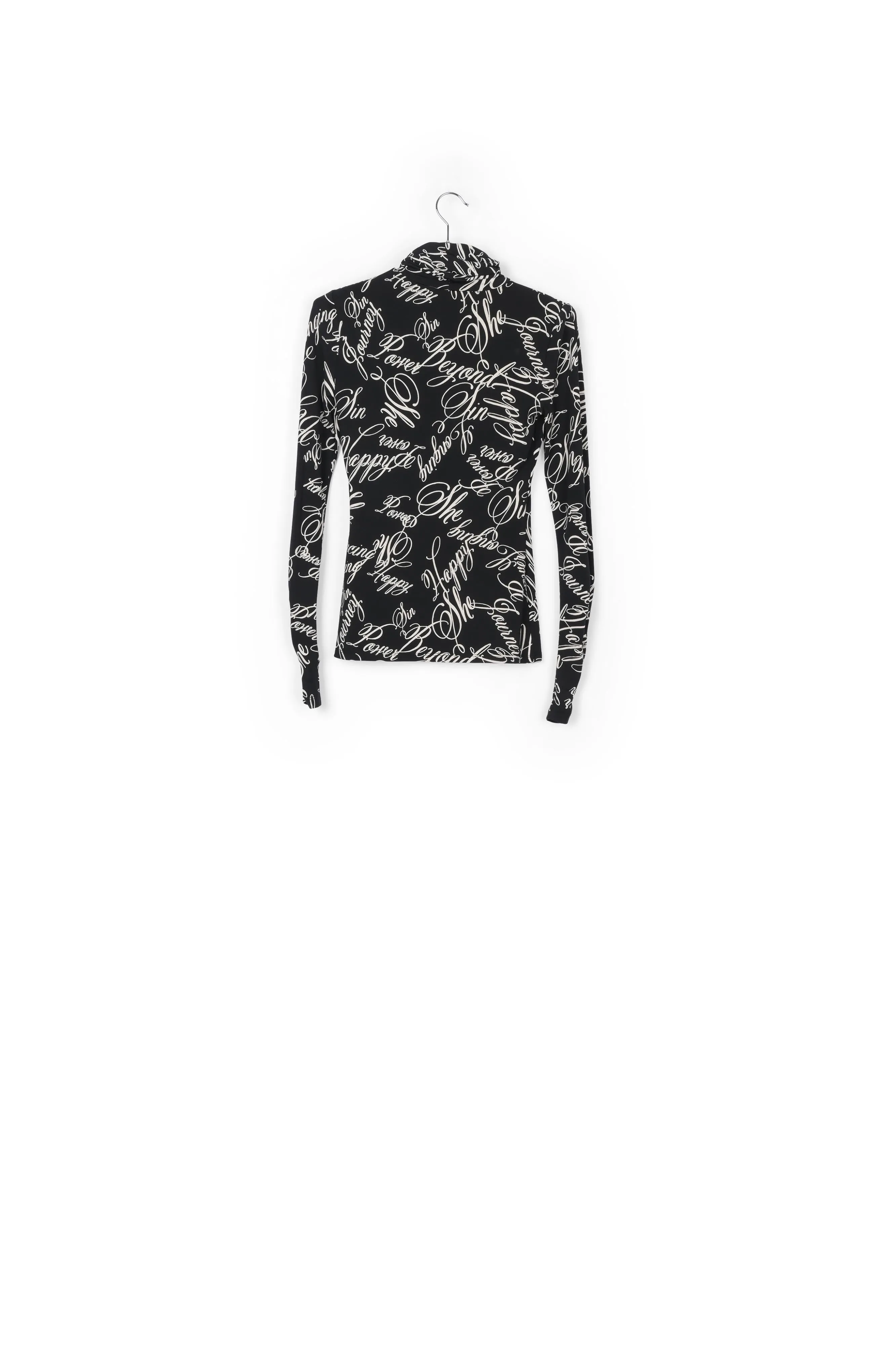 Black turtleneck top with script-print