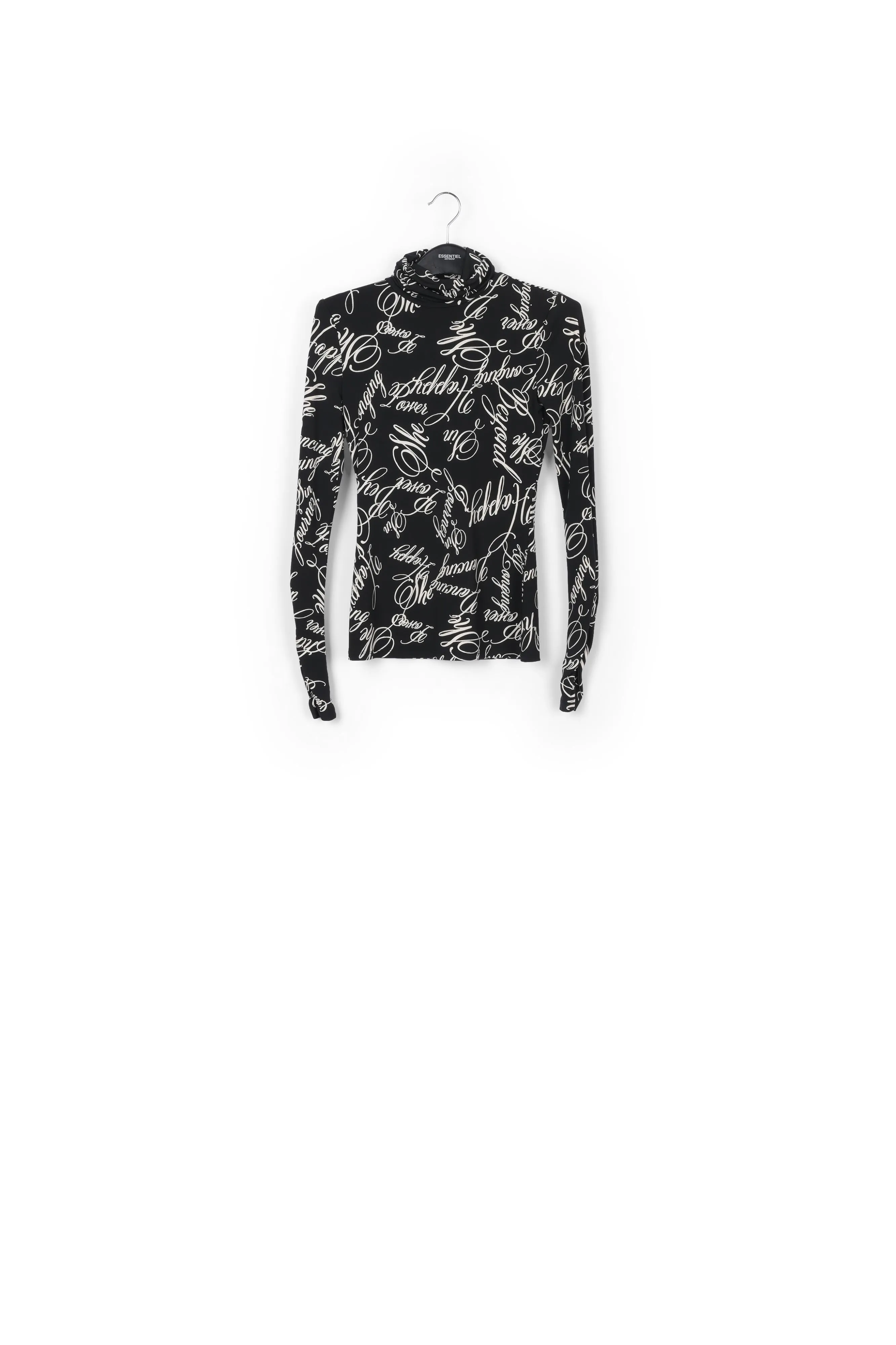 Black turtleneck top with script-print