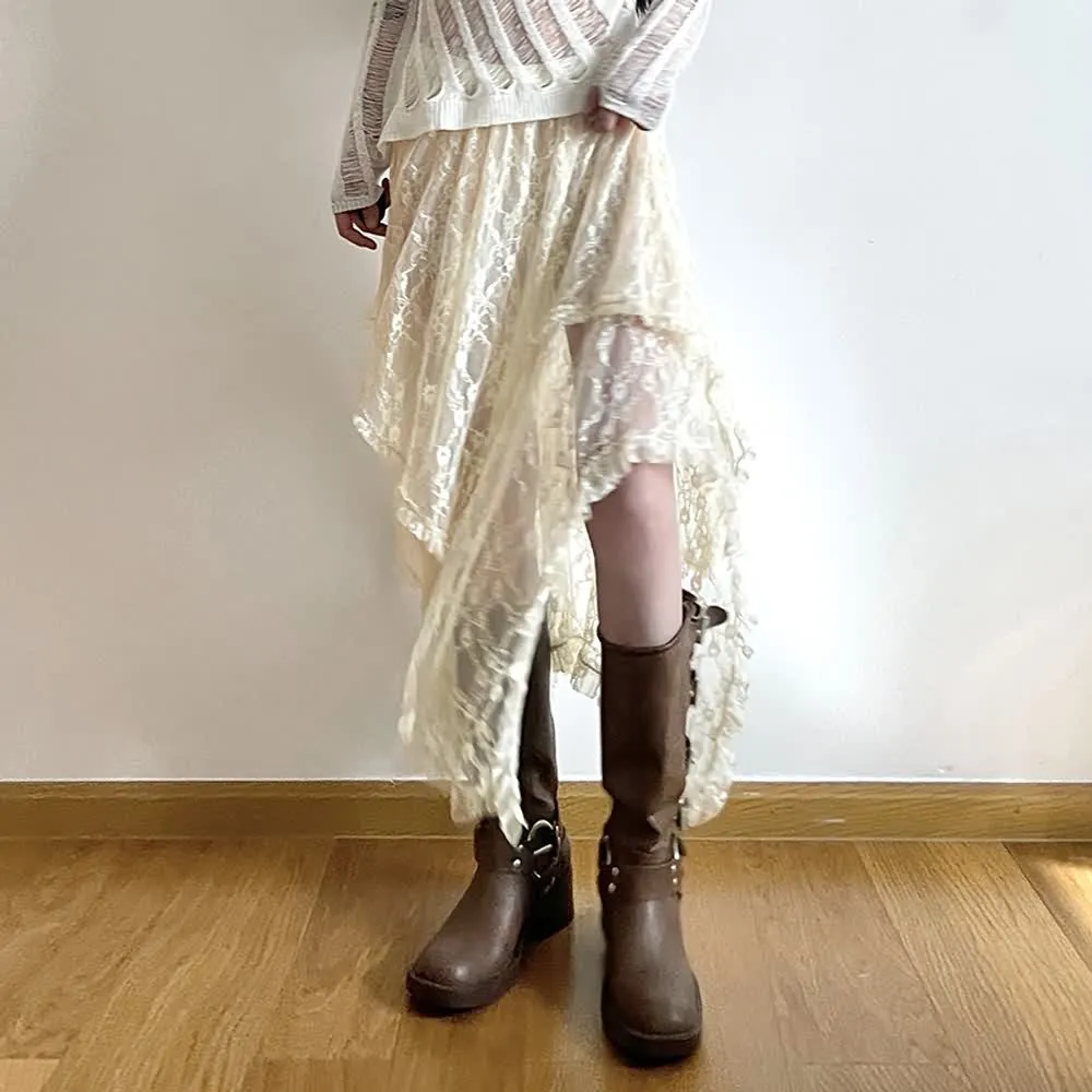 Bohemian Lace Asymmetrical Tiered Midi Skirt