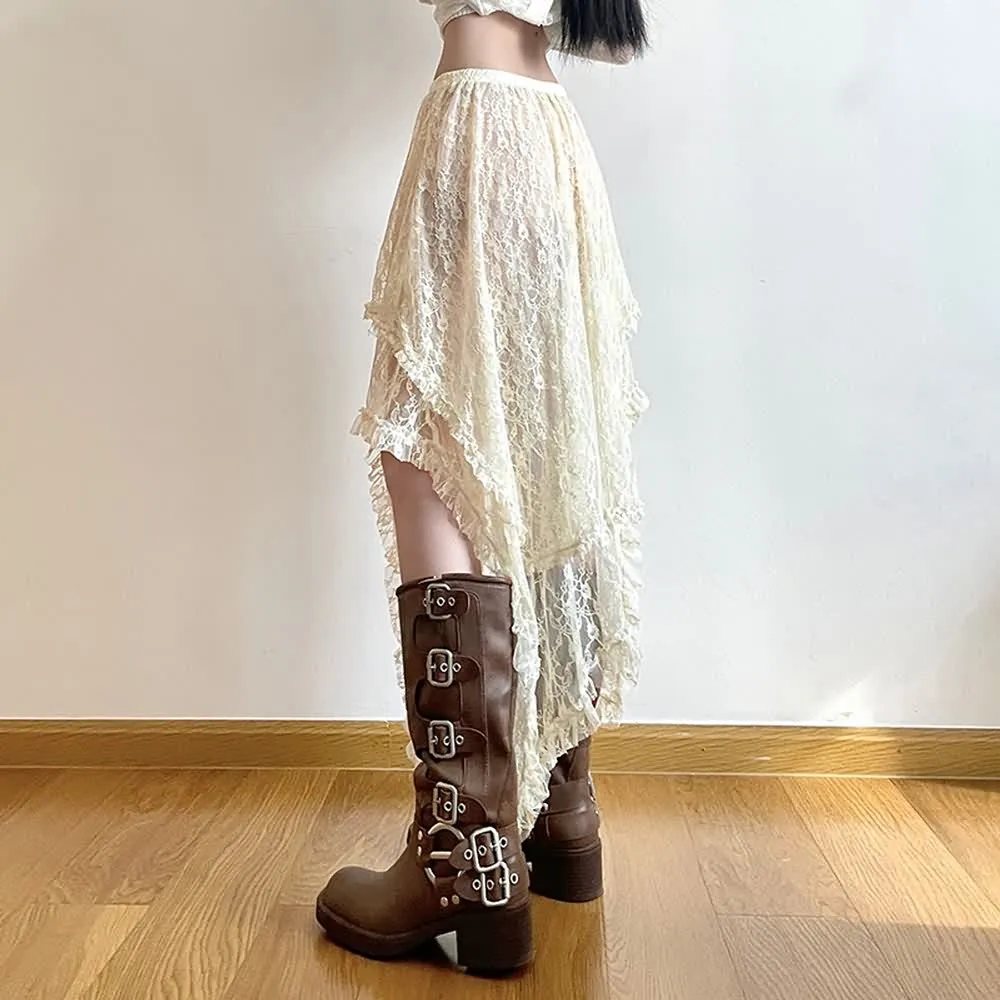Bohemian Lace Asymmetrical Tiered Midi Skirt