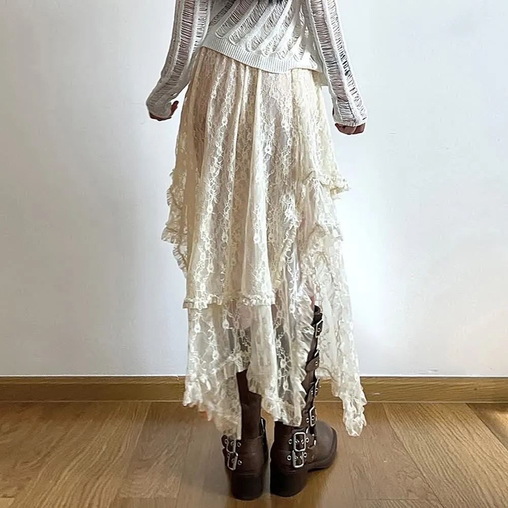 Bohemian Lace Asymmetrical Tiered Midi Skirt