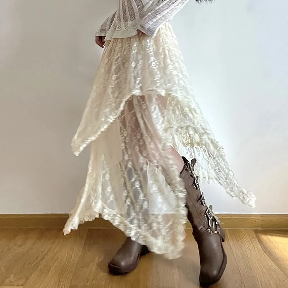 Bohemian Lace Asymmetrical Tiered Midi Skirt