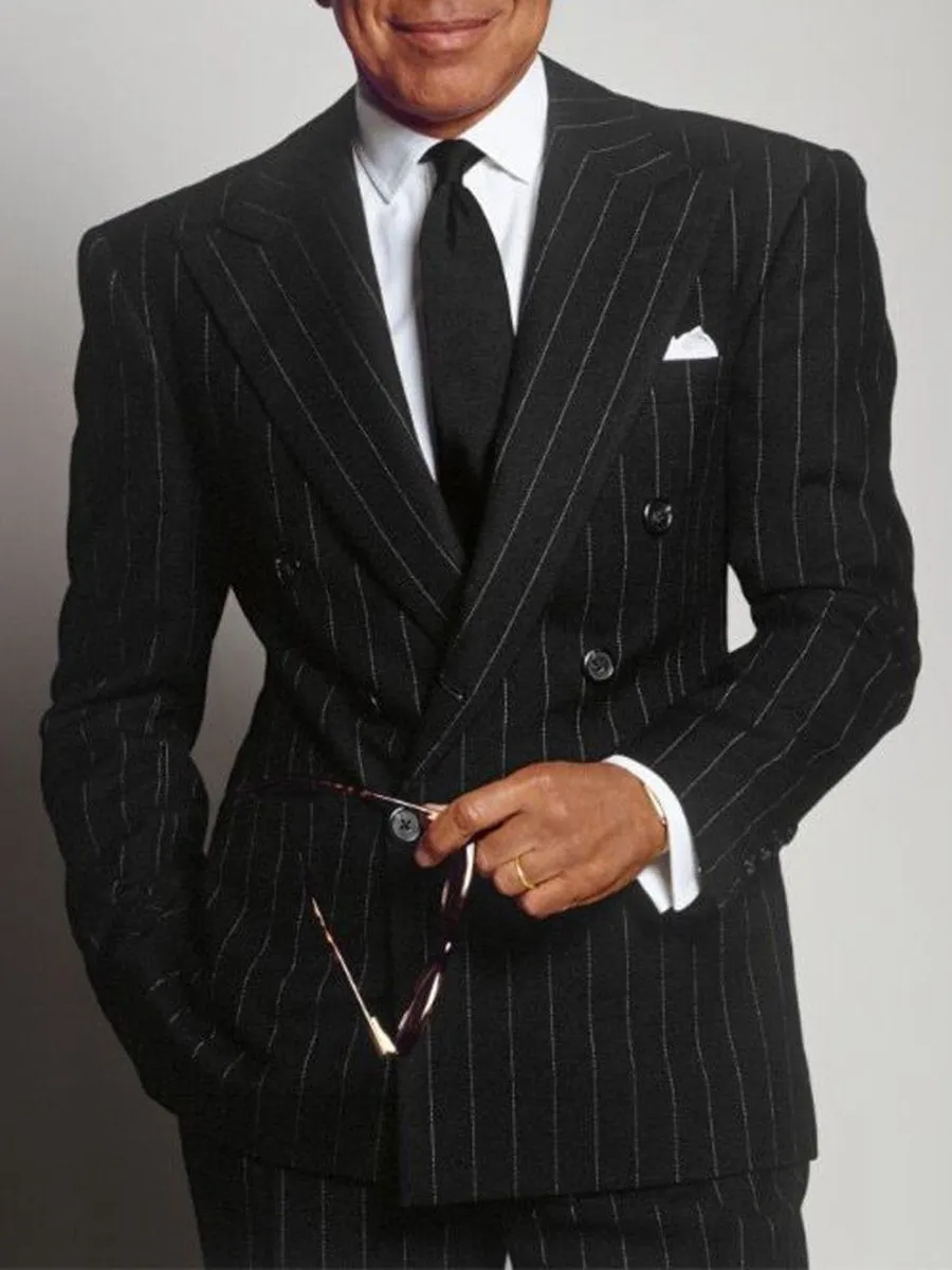 Business Stripe Multi-Pocket Double-Breasted Blazer
