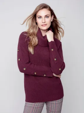 Charlie B Turtleneck Pullover Sweater with Sleeve Buttons in Ecru (Cream) or Port