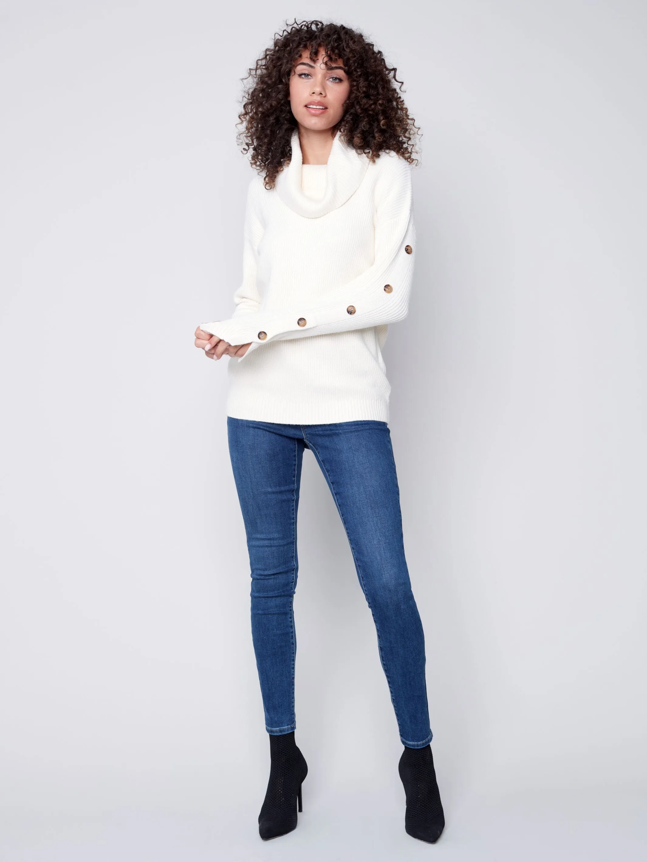 Charlie B Turtleneck Pullover Sweater with Sleeve Buttons in Ecru (Cream) or Port