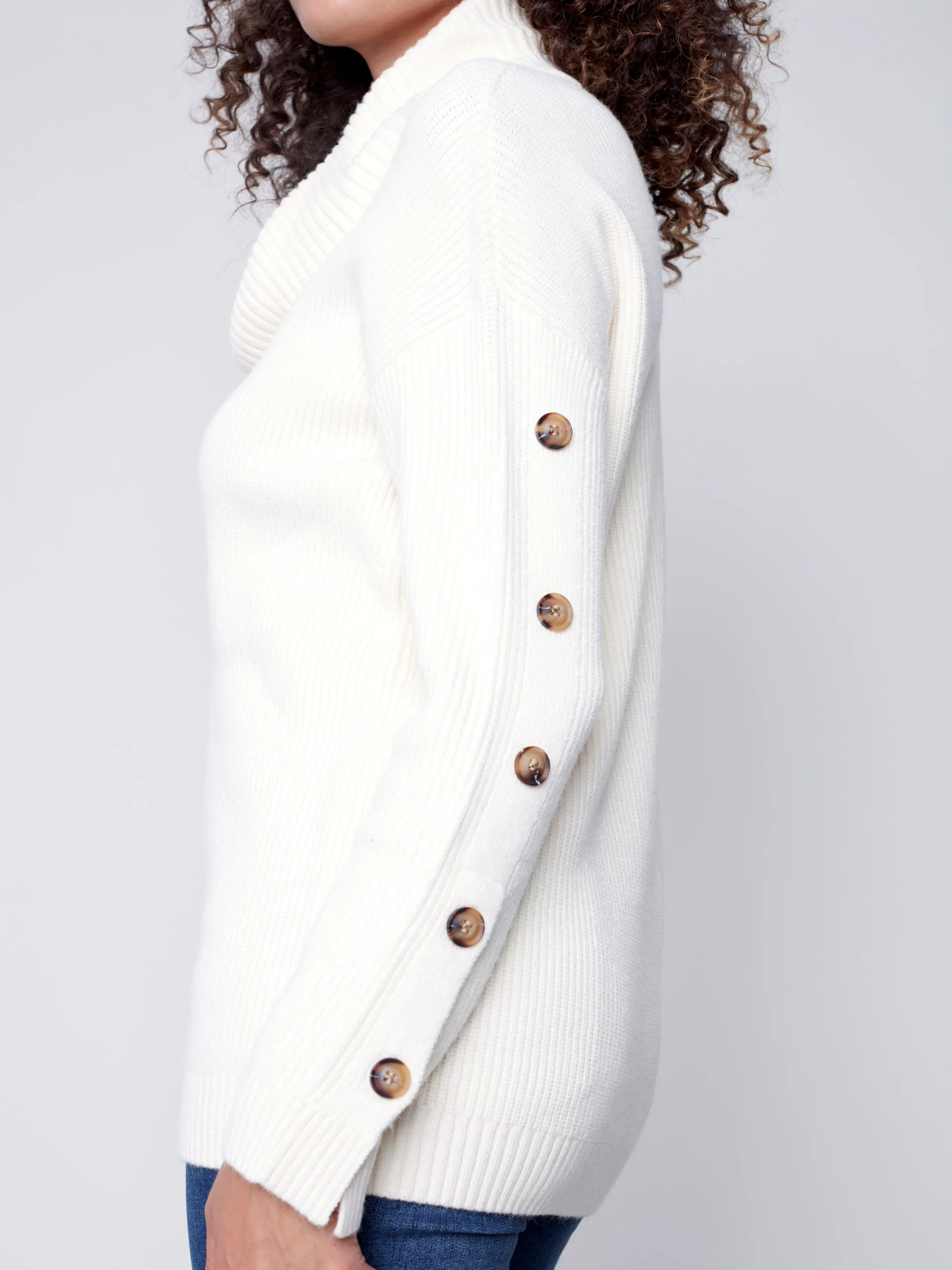 Charlie B Turtleneck Pullover Sweater with Sleeve Buttons in Ecru (Cream) or Port
