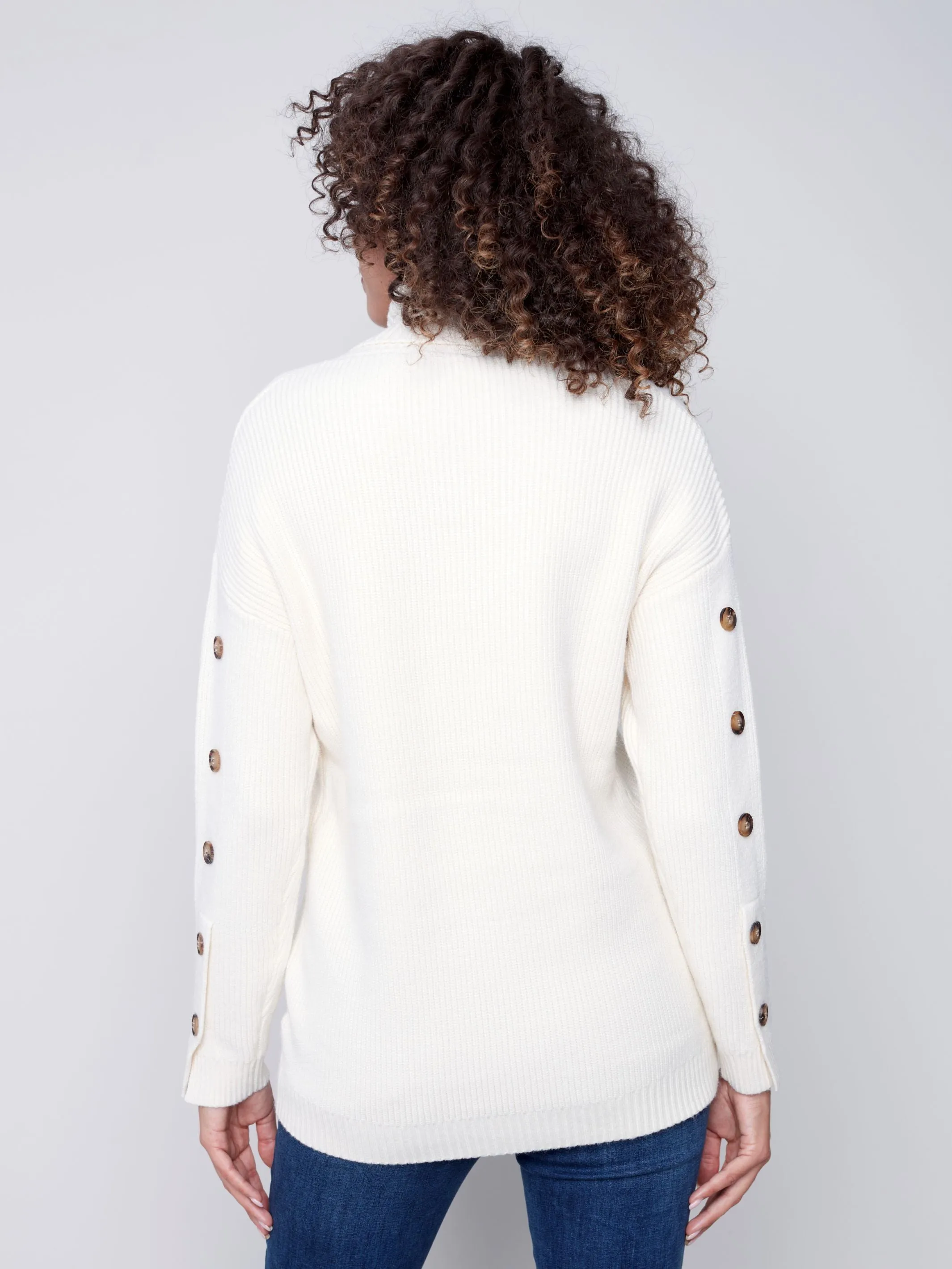 Charlie B Turtleneck Pullover Sweater with Sleeve Buttons in Ecru (Cream) or Port