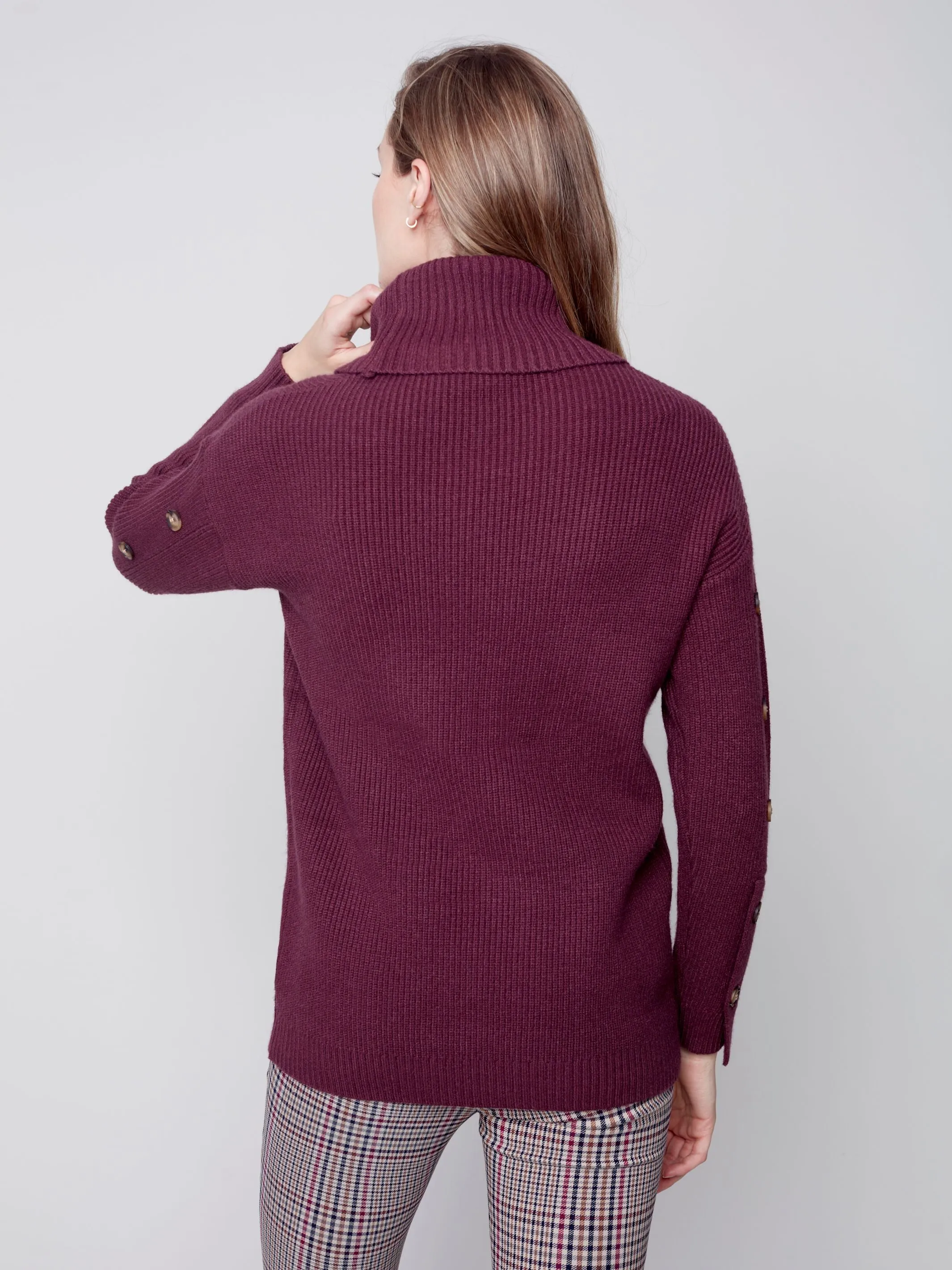 Charlie B Turtleneck Pullover Sweater with Sleeve Buttons in Ecru (Cream) or Port