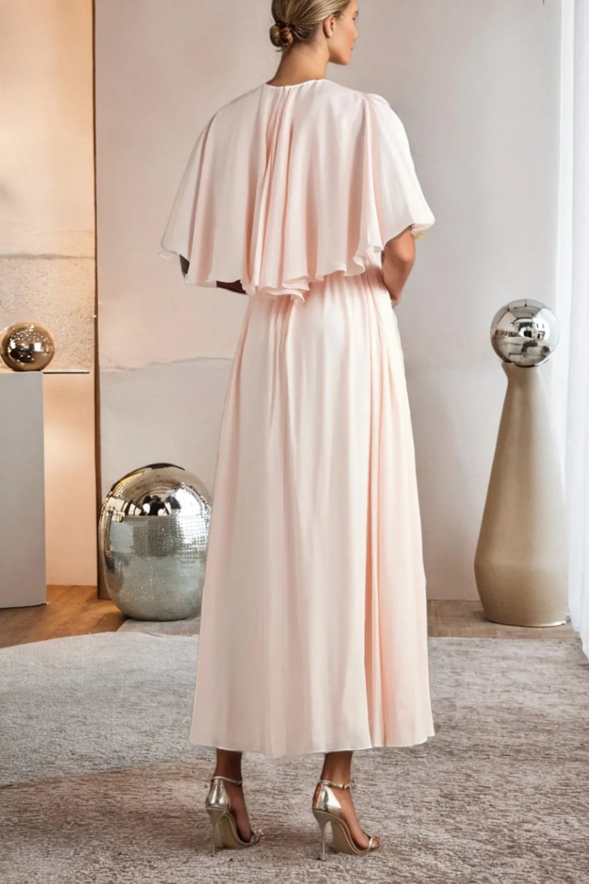 Chiffon Cape Sleeve A Line Pearl Pink Ankle Length Wedding Party Dress
