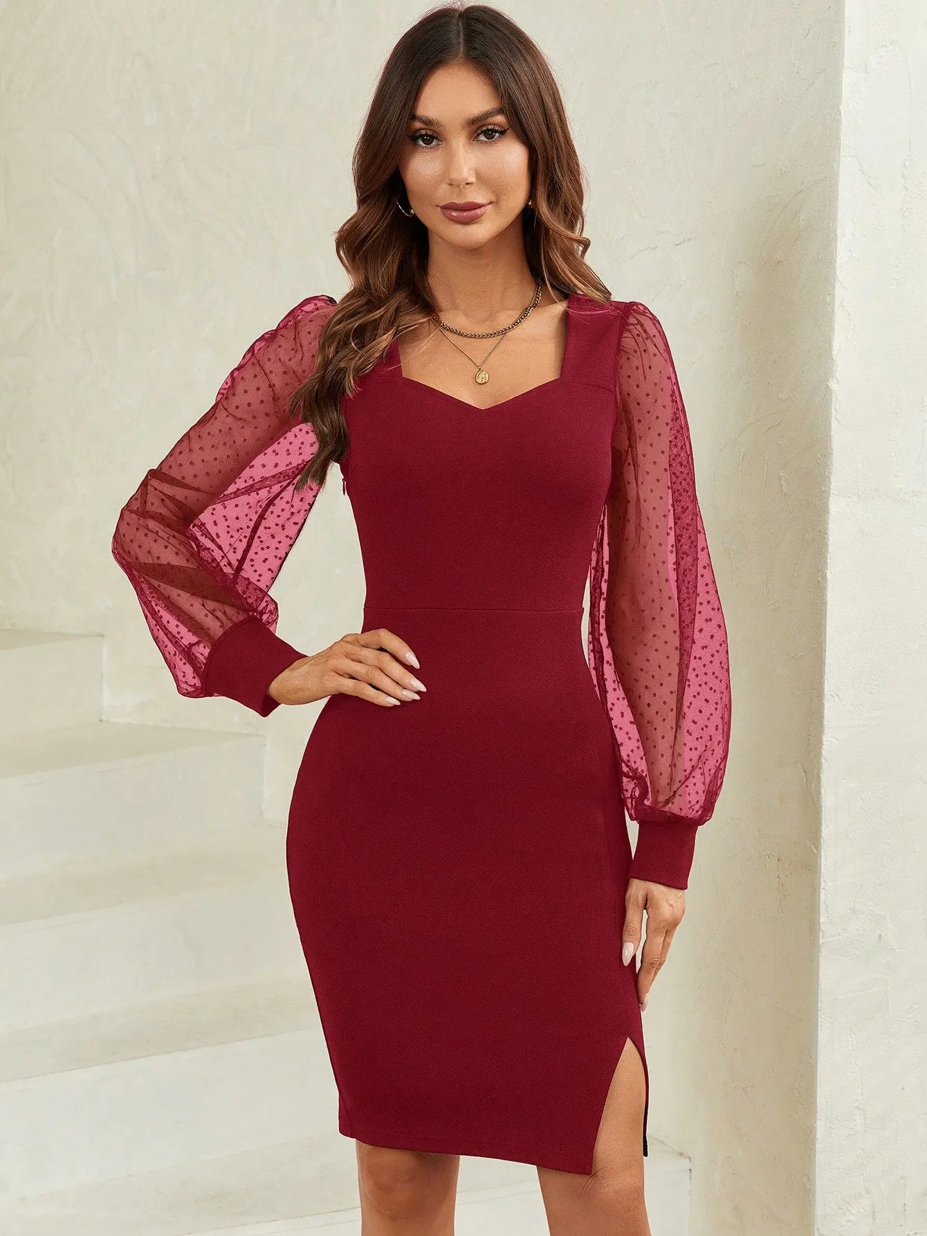 Clasi Contrast Dobby Mesh Lantern Sleeve Split Hem Bodycon Dress