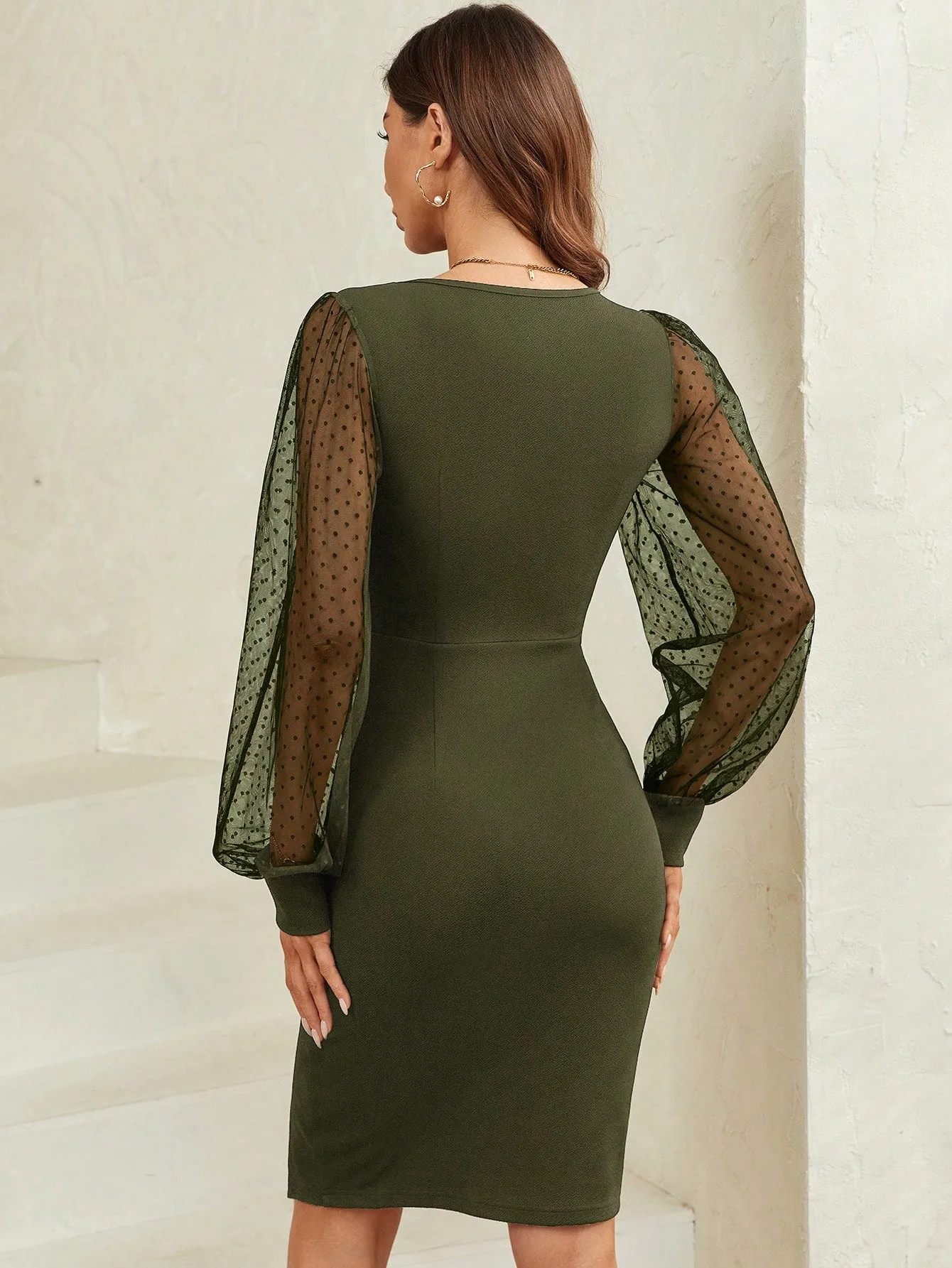 Clasi Contrast Dobby Mesh Lantern Sleeve Split Hem Bodycon Dress