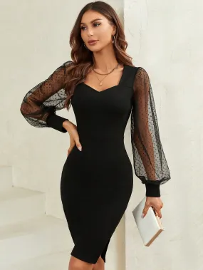 Clasi Contrast Dobby Mesh Lantern Sleeve Split Hem Bodycon Dress