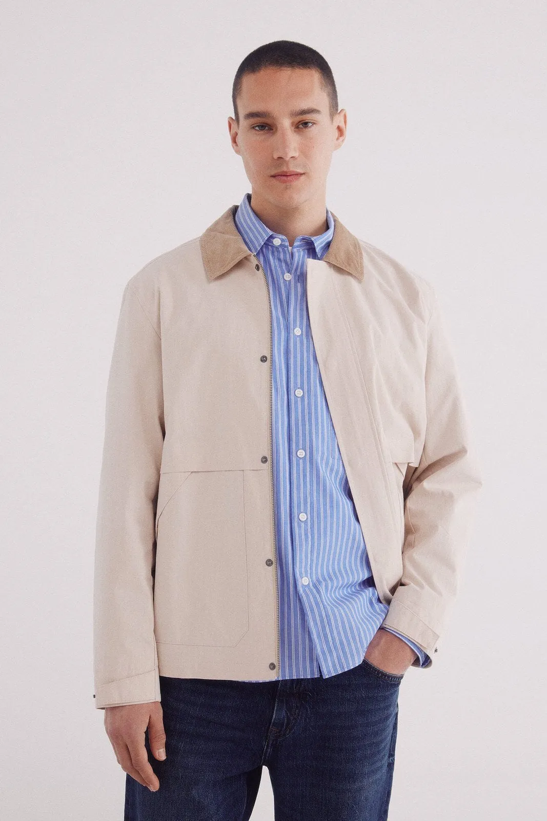 Corduroy Neck Short Parka - Blue