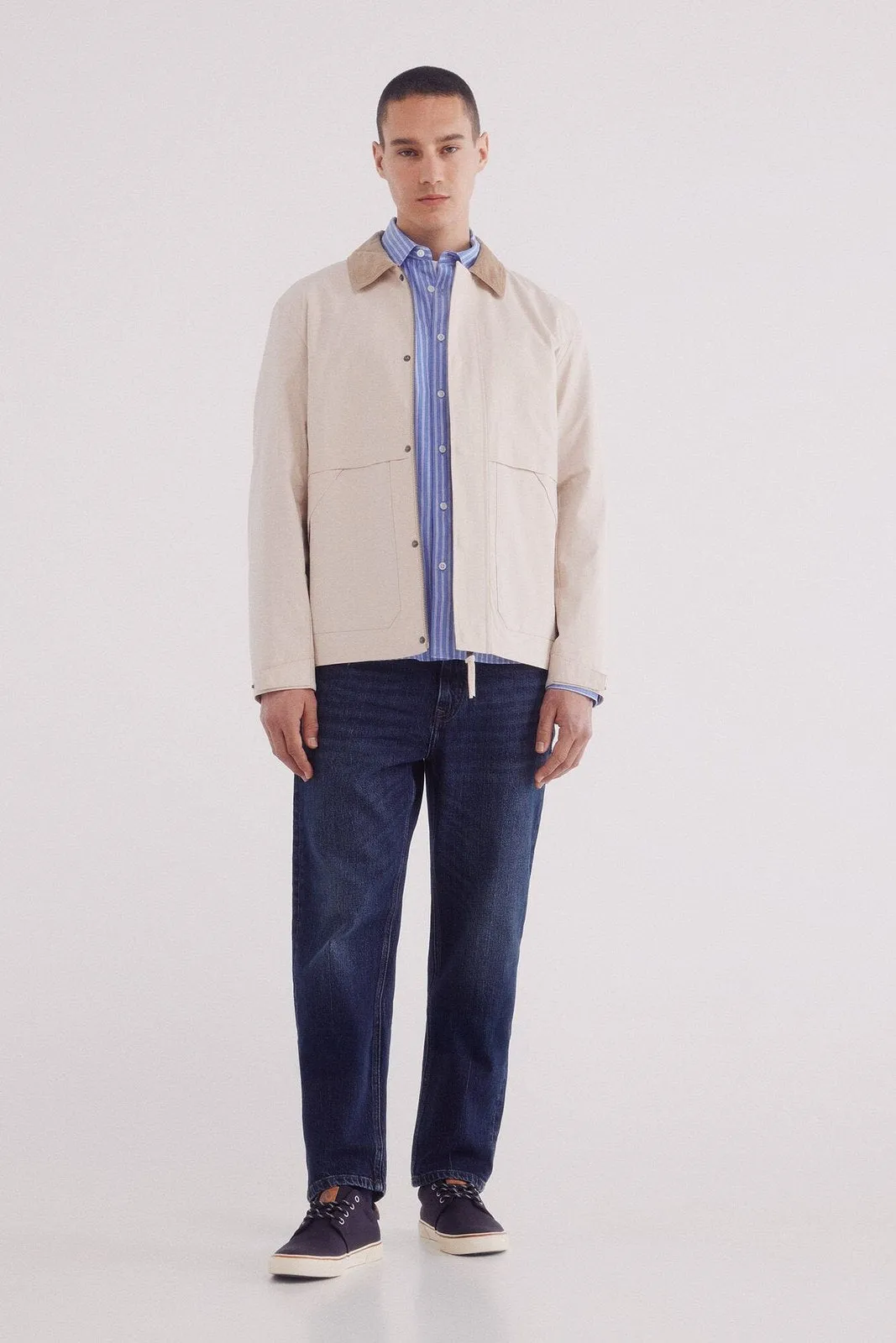 Corduroy Neck Short Parka - Blue