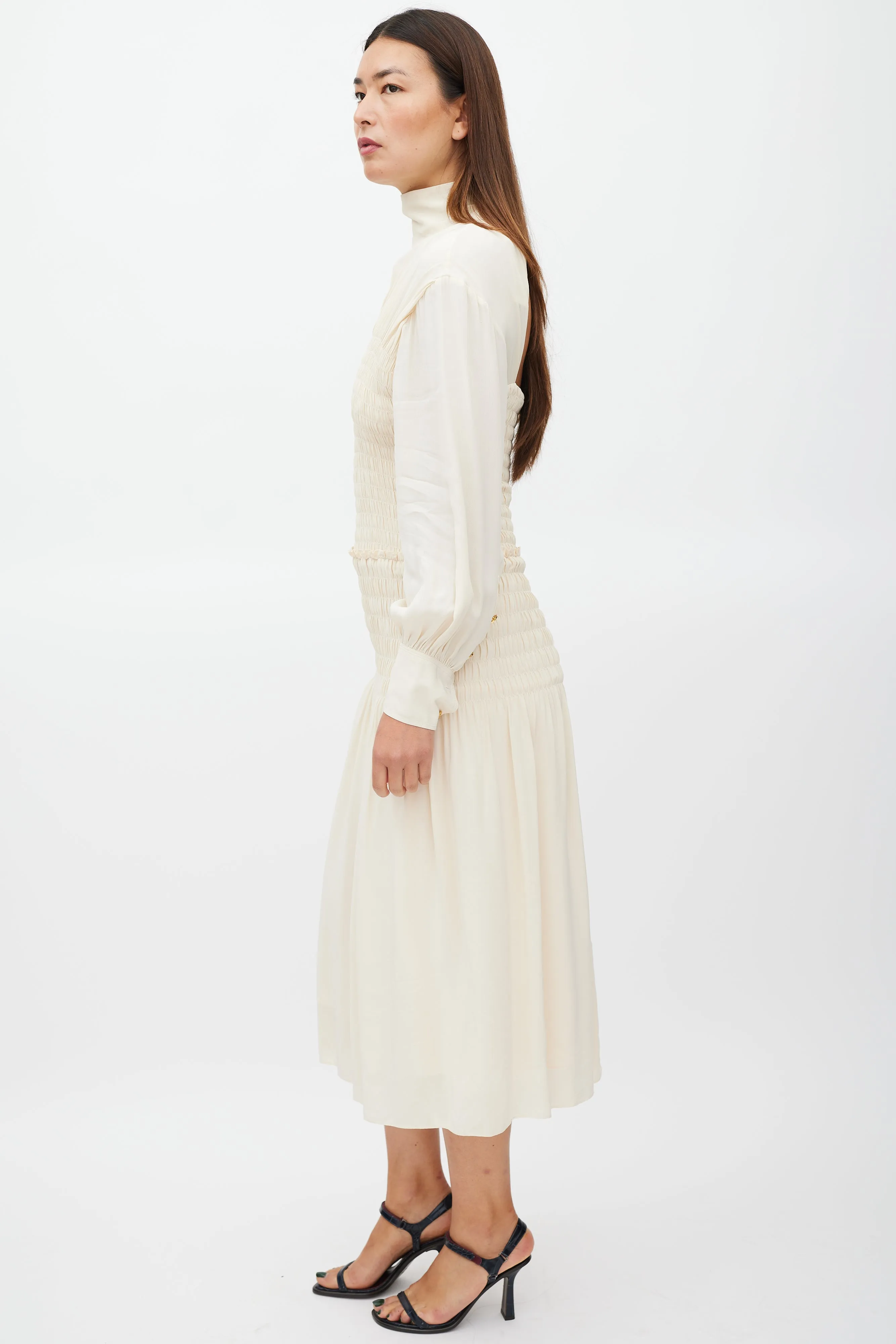 Cream Long Sleeve Smocked Dress