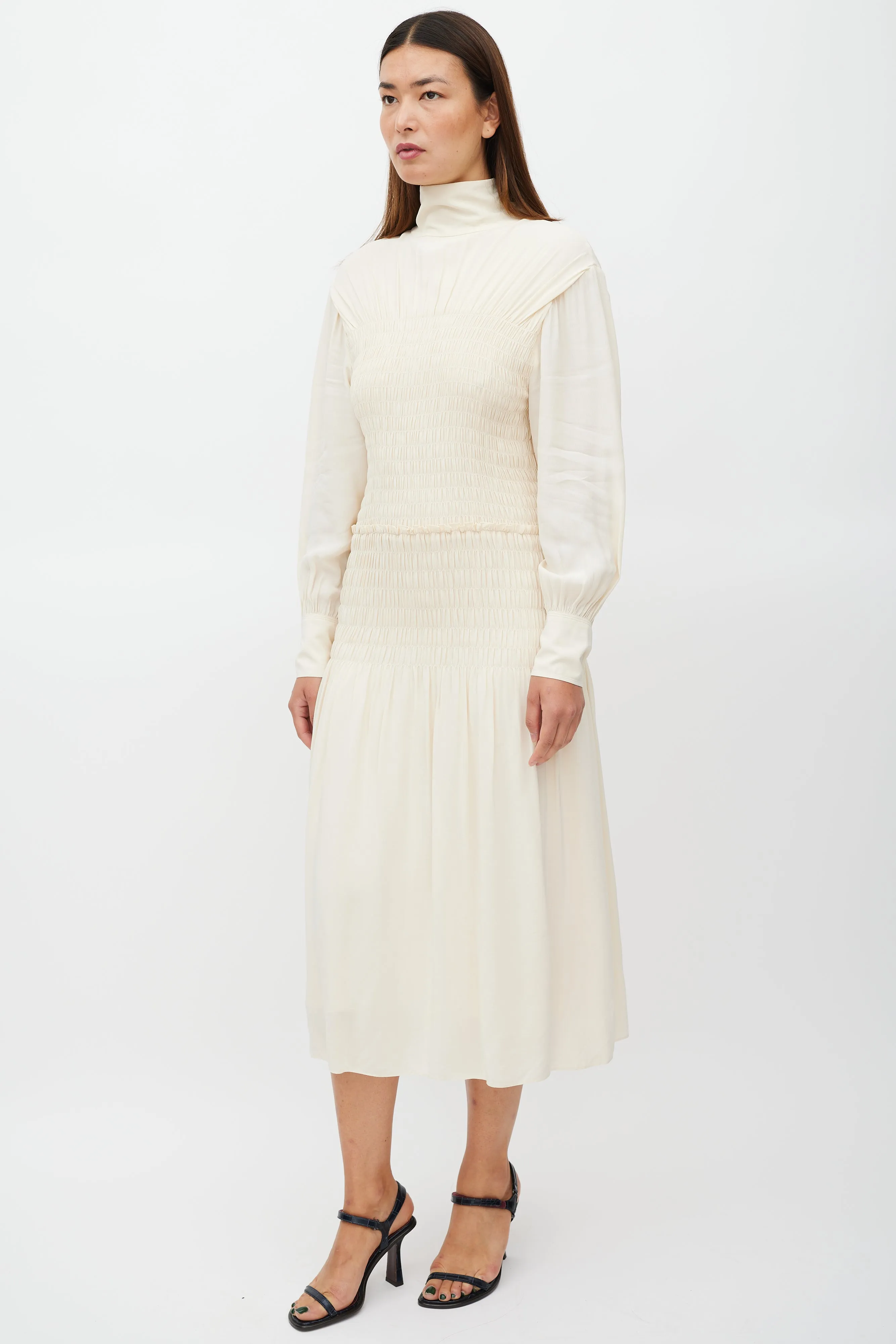Cream Long Sleeve Smocked Dress